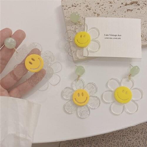 AOMU Exaggerated Yellow Transparent Acrylic Smiley Flower Earrings Irregular Geometric Flashing Plant Drop Earrings for Women
