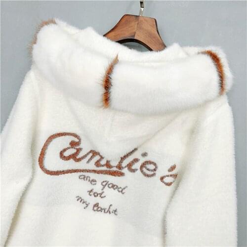 Autumn and winter mink sweater coat 2020 new womens velvet long-sleeved cardigan hooded sweater faux fur collar