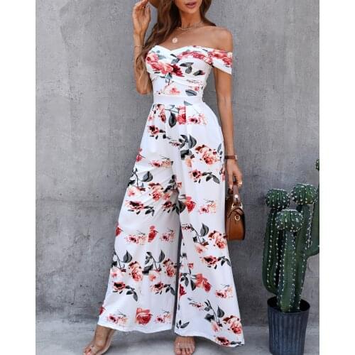 New Summer Holiday Sexy Off Shoulder Ruched Floral Wide Leg Long Pants Womens Jumpsuit 2021 Summer Casual Clothings Streetwear