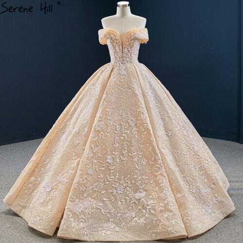 Gold Off Shoulder Design Plus Size Wedding Dresses 2020 Handmade Flowers Beading Sexy Bridal Gowns BHM67135 Couture Dress