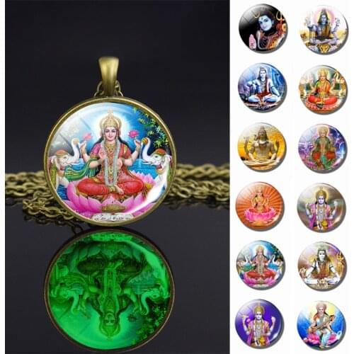 1pc Luminous Lakshmi Goddess God Ganesh Bronze Necklace Glowing Hinduism Glass Cabochon Jewelry Pendant Amulet Gift