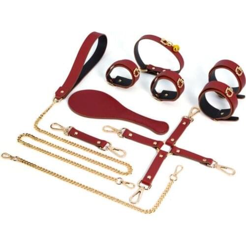8 Pcs/set Bondage Kit Genuine Leather Handcuffs& Anklecuffs Cross Button Leash Adult Games Flirting Sex Toys For Couples
