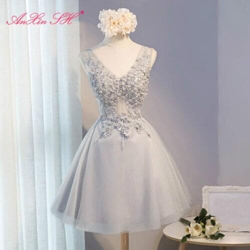 AXJFU princess grey flower lace Bridesmaid Dress fashion v neck illusion beading crystal Bridesmaid Dress little white dress