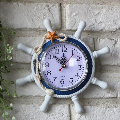 1pc Retro Large Wall Clock Mediterranean-Style Wood Round Wall Clock Anchor Saat Needle Home Decoration Hanging Clock