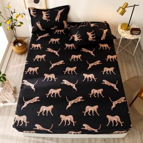 Bonenjoy 3 pcs Bed Sheet on Elastic Leopard Black Color Bed Sheets Single/Queen/King draps de lit Fitted Sheet