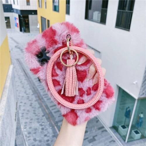 For Samsung Galaxy Note 20 10 9 8 S21 S20 Ultra S10/9/8 Plus Leopard Fluffy Fur Big Circle Hand Ring Tassel Pendant Case Cover