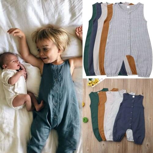 5 Colors Summer Casual Romper Infant Kids Baby Boy Girl Sleeveless Single Breasted Solid Romper 0-24M