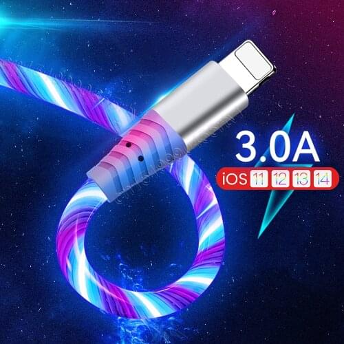 Flow USB Data Cable For iPhone 12 Pro Max 11 XS XR X 8 7 6S Luminous Micro USB Type C 3A Fast Charging Cable For Huawei Xiaomi
