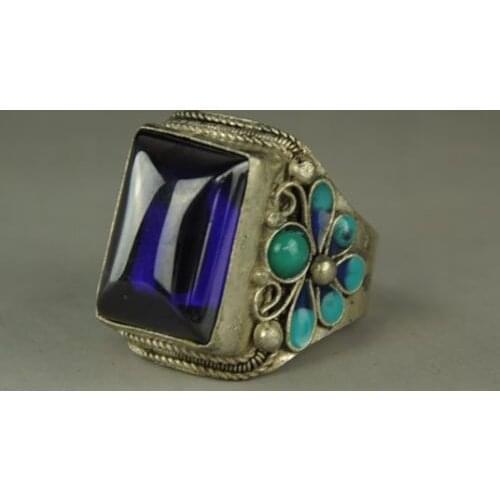 Chinese Collect Exquisite Tibetan silver Cloisonne Mosaic Zircon Ring statue c