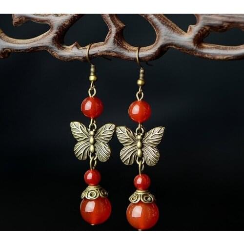 Retro Classical Bronze Color Alloy Butterfly Eardrop Exquisite Red Onyx Delicate Earrings Ancient Palace Princess Jewelry