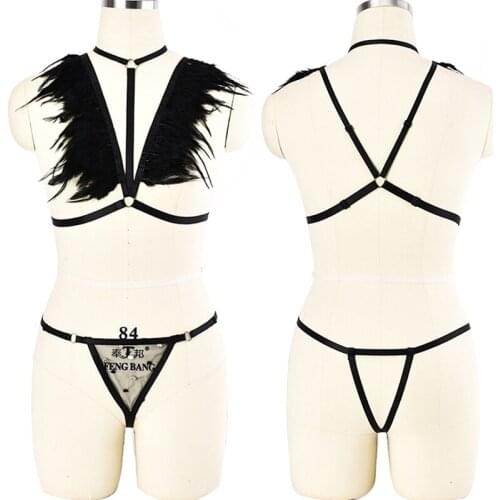 Feather Body Harness Belt Set Black Top Cage Bra Adjustable Mesh Embroidery Sexy Lingerie Goth Fetish Pantie G-string Thongs