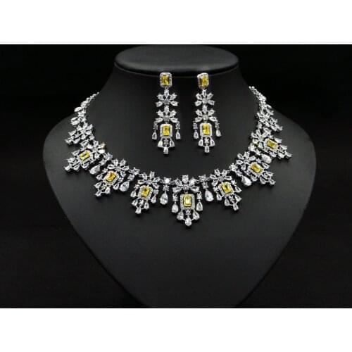 Luxury Yellow Cubic Zirconia Women Wedding Party Bride Necklace Earrings Jewelry Sets Bridal Dress Accessories