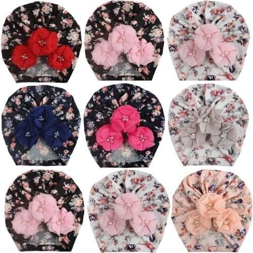 Cute Baby Elastic Hats Headband Floral Cap Baby Girl Mini Pearls Hair Accessories Toddler Kids urban Headwear