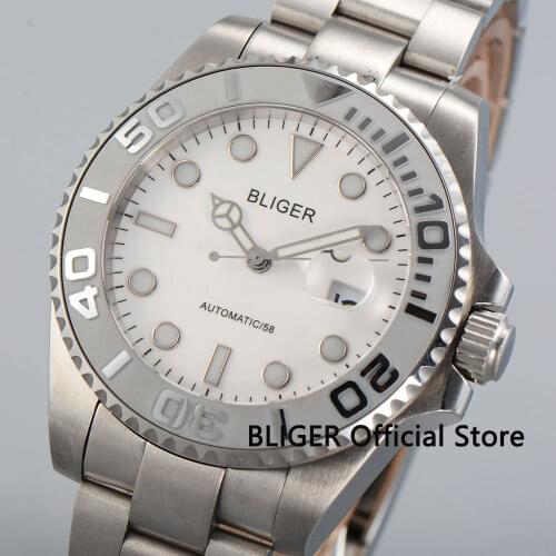 Sapphire Crystal BLIGER 43mm White Dial Ceramic Rotating Bezel Luminous Stainless Steel Band Automatic Movement Mens Watch B35