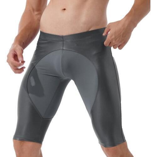 Swimwear Mens Faux Leather Patchwork Sports Shorts Running Shorts Male Athletic Pants Surfing Swimming Trunks Jogging Fitness