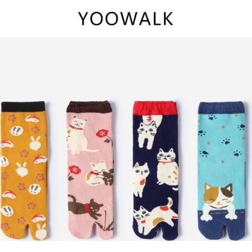 YOOWALK cat cartoon animal cotton two toe socks couple split toe socks Japan two finger socks tabi socks