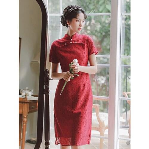 2021 summer new womens Chinese style retro ethnic style noble temperament thin cheongsam dress red short-sleeved lace dress