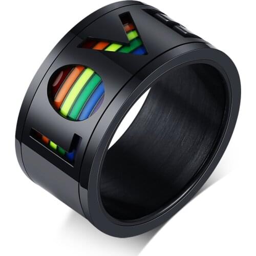 Modyle New Male Spinner LOVE Ring Enamel Rainbow Inlay Stainless Steel Gays Lesbians LGBT Pride Band Engagement Ring for Men