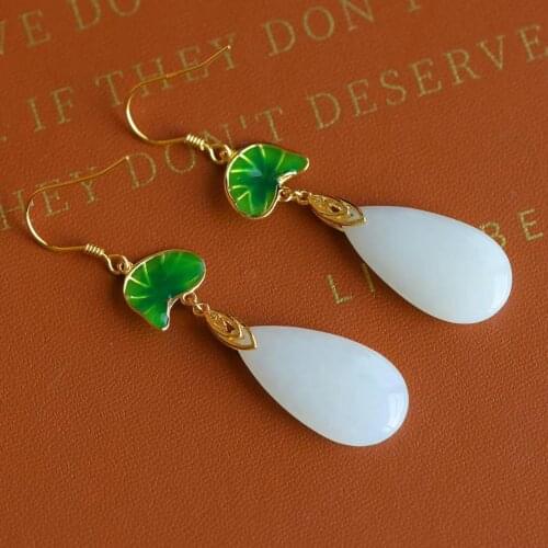 New Hetian Jade White Jade Large Water Drop Lamp Quality S925 Silver Ancient Gold Inlaid Earrings Enamel Craft