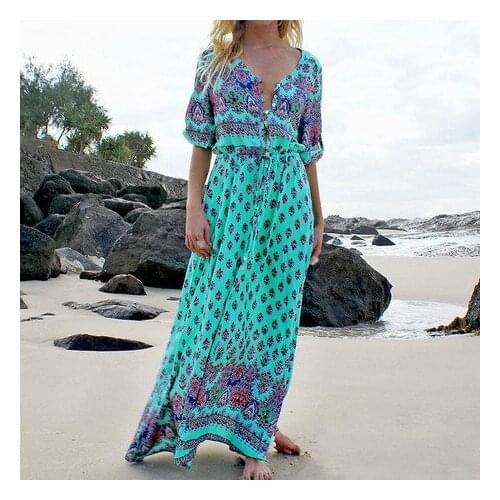 2020 Long Sleeve Length Dress Sandy Beach Posimi Half Sleeve Dresses Summer V neck Flower Print Dresses