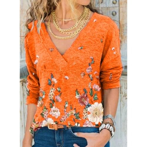 Casual Female Oversized T-shirt V-neck Full Sleeve Floral Printed Plus Size 5XL Women Fashion Tops Summer Pullover Clothing Tees