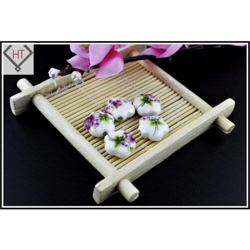 Hand Painted Porcelain Ceramic Beads 100pcs Handcrafted Loose Ceramic Beads /15mm Purple Flower Beads Jewelry Findings