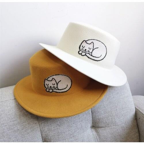Wool Fedora Hat Flat Brim Cat Embroidered Face Cat Retro Korean Hat Jazz Hat Flat Top Woolen Hat Black Wool Topper