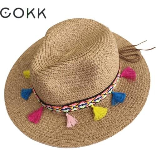COKK Hat Women Beach Summer Hats For Women Straw Wide Brim Color Tassel Chain Men Panama Beach Bucket Sun Hat Lady Floppy