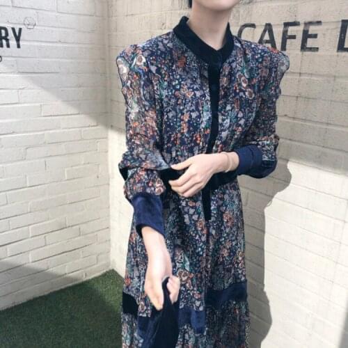 SuperAen Autumn Winter 2021 Korean Fashion New All Match Flower Print Stand Collar Long Ruffles Dresses Women