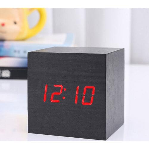 Clock LED Cube Angle Wooden Alarm Clock Time Temperature Calendar Display Sound Control Home Decor