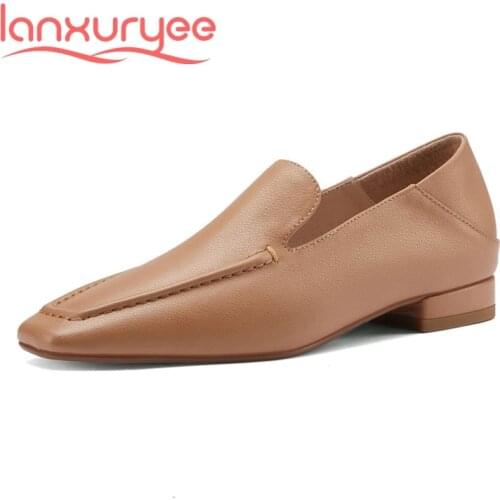 Lanxuryee full grain leather square toe low heel British style young lady streetwear deep mouth slip on leisure women pumps L19