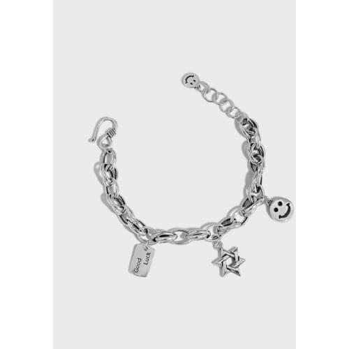 "GOOD LUCK" Vintage Authentic 925 Sterling silver Smile Coin Star Square tag Chain Wrist Bracelet Charm fine Jewelry TLS398
