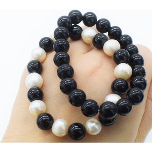 Wow! freshwater pearl white near round 8-9mm black agates 10mm bracelet 7.5inch wholesale beads FPPJ nature big size