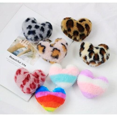 2pcs Leopard Print Heart Shaped Pendants Keychain Handmade Crafts Accessories Plush Love Heart Pompom Bags Garments Diy Supplies