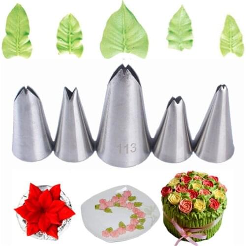 5pcs/set Leaf Tip Icing Piping Cake Nozzles Stainless Steel Pastry Cake Decorating Tools for Baking Chocolate Cookies Cake Molds