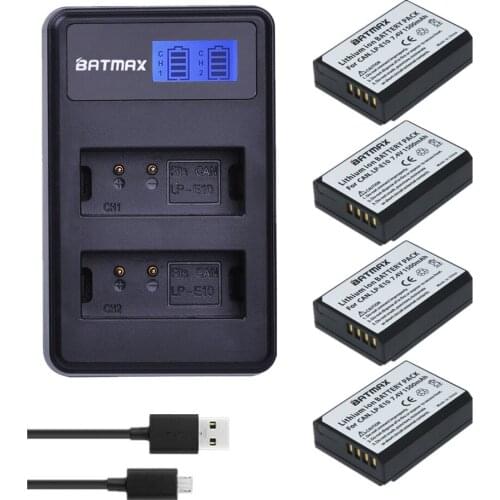 Batmax 4pcs LP-E10 LP E10 Camera Battery+LCD USB Charger for Canon EOS 1100D 1200D Kiss X50 X70 Rebel T3 T5 Camera