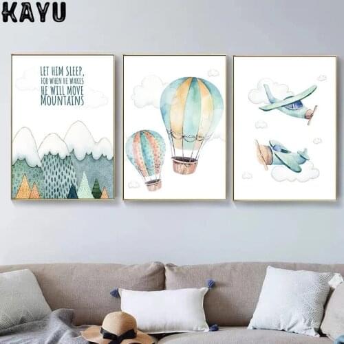 Nordic Child Adventure Poster Print Colorful Artwork Airplane Balloon Canvas Painting Wall Picture For Kids Bedroom Decor