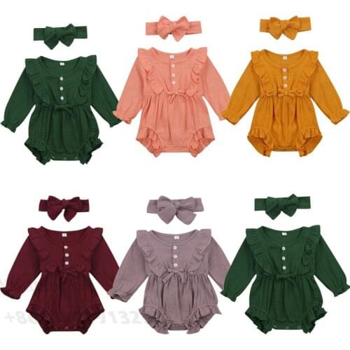 2020 Fall Baby Girls Solid Color Long Sleeve O-neck Button-up Romper with Ruffle + Bow-knot Headband For 0-24M Toddler Girl