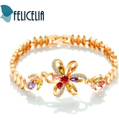 Felicelia Flower Design Multicolor Cubic Zirconia Gold Color Bracelets Bangles For Women Girls Crystal Cocktail Party Jewelry