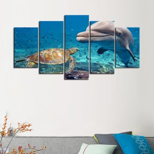 The Underwater World Wall Art Poster Prints Baby Dolphin and A Sea Turtle Canvas Pictures for Living Room