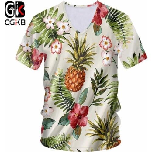 OGKB Hiphop Punk Sexy V Neck Tee Shirt Women/mens Print Pineapple Flower 3D T-shirt Short Sleeve Casual Tshirts New Harajuku