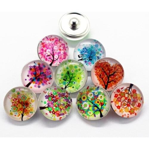 Hot selling 12pcs/lot life tree Snap Button glass charm pretty Buttons Fit Snap bangle Necklace 18mm DIY Bracelet snap jewelry