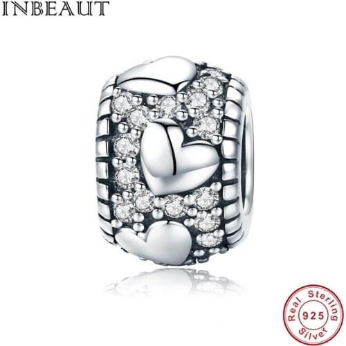 INBEAUT 100% 925 Sterling Silver Cute Solid Heart Carved Beads fit Trendy Bracelet White CZ Love Pledge Charm for Pendant Chain