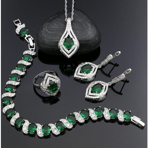 Bridal Jewelry Sets For Women Green Cubic Zirconia White Crystal 925 Silver Earrings/Ring/Bracelet/Necklace/Pendant