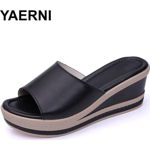 YAERNIgenuine leather summer women slippers open toe thongs sandals women babouches black white slides sandals