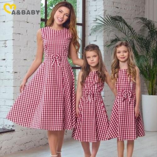 Ma&Baby Family Matching Outfits Mother And Daughter Pink Plaid Print Dress Summer Bow Dresses Family Look DD43