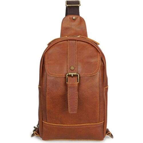 Men Genuine Leather Chest Bag Multifunction Retro Messenger Bag Male Chest Package Business Casual Shoulder Crossbody Chest Pack