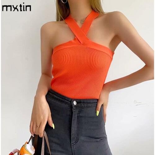 MXTIN 2021 Women Summer Fashion Solid Knitted Tank Tops Vintage Slim Cross Shoulder Straps Backless Female Camis Chic Tops Mujer