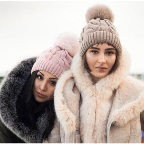 Autumn winter womens hat big hair ball plus velvet beanie caps outdoor warm knit hats solid satin bonnet gorros mujer invierno