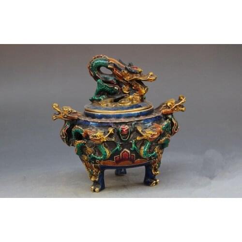 Crafts statue Antique brass dragon playing bead colored enamel censer Halloween